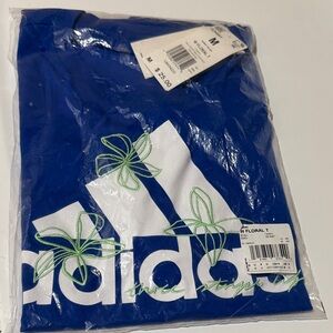 adidas Royal Blue Tee with White Logo and Neon Green Floral